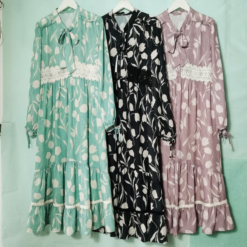 Export Original Order Leftover Stock Stand Collar Ribbon Lace Waist-Controlled Long Sleeves Bag Buckle Half Open Dress Print Long Dress Autumn