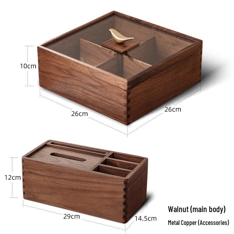 Walnut Wood Divided Serving Tray with Tissue Box