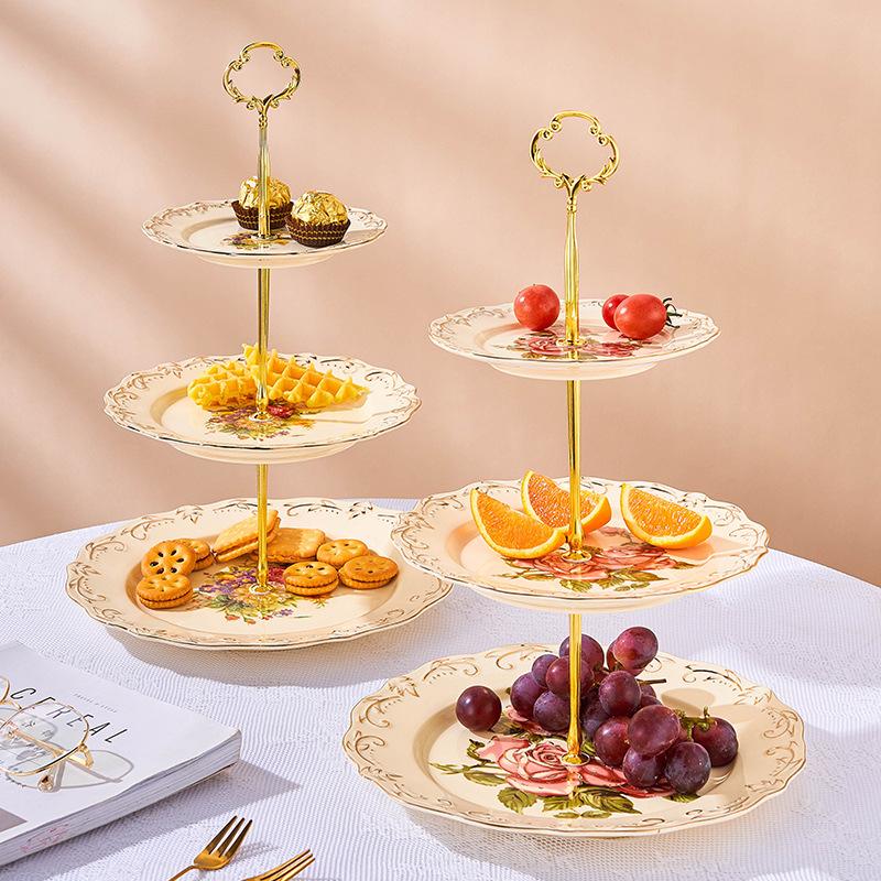 3-Tier Ceramic Dessert Stand with Metal Frame-European Style Buffet Display for Cakes, Fruits,Tea Party Wedding Table Decor
