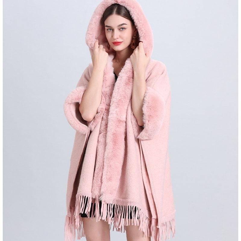 Zimowa damska szalowa kurtka peleryna luźna krata wyściełana zagęszczony futrzany kołnierz dzianinowy tweedowy szal kurtka siedmiopunktowy rękaw z czapką