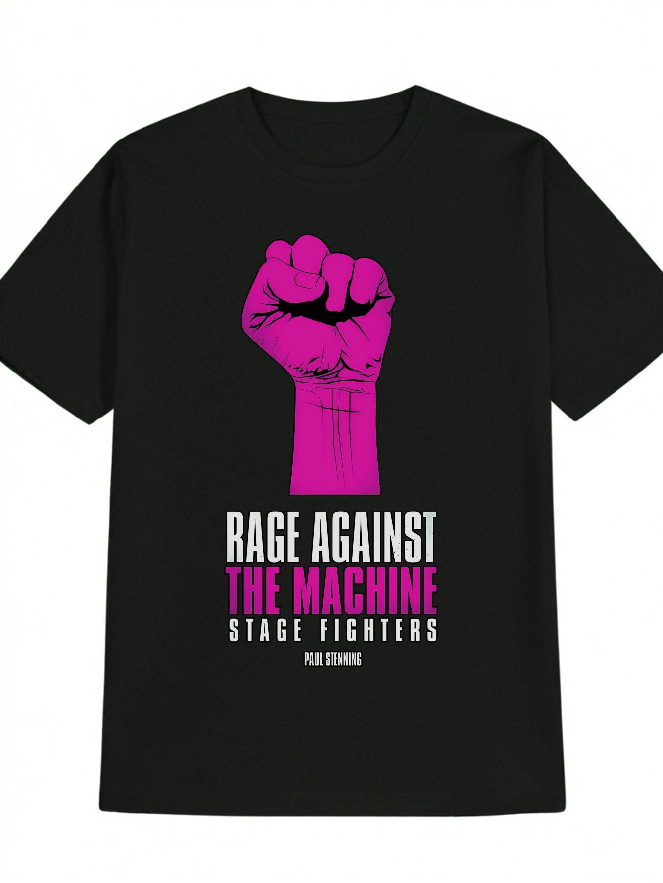 Casual Crew Neck T-shirt with Pink Fist & Rage Against the Machine Graphic Print - Black Background S
