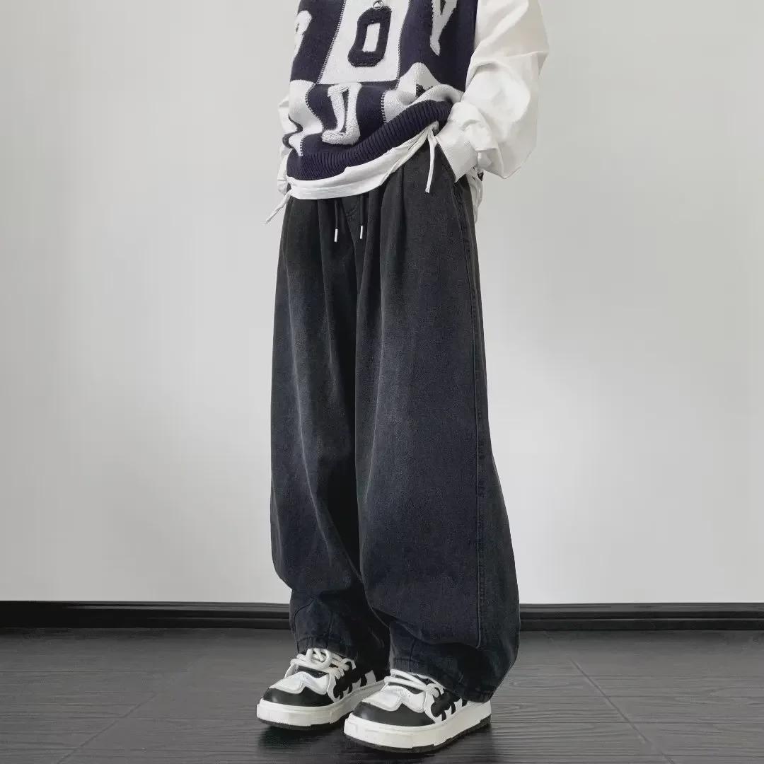 

Мужские осенние уличные трендовые свободные прямые джинсы с эластичным поясом и широкими штанинами 2XL чёрный