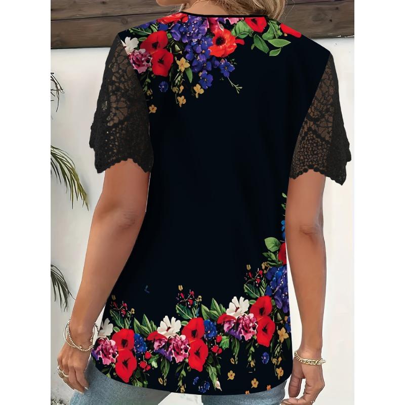 Women's Fashion Casual Summer Spring Flower Pattern Print Short Sleeve V-Neck Blouses & Shirts