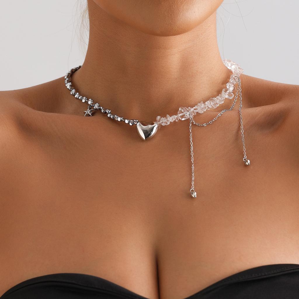 Fashionable Heart Pendant Necklace with Starfish Tassels Stylish Beaded Women Clavicle Chain Casual Outfit Accessory