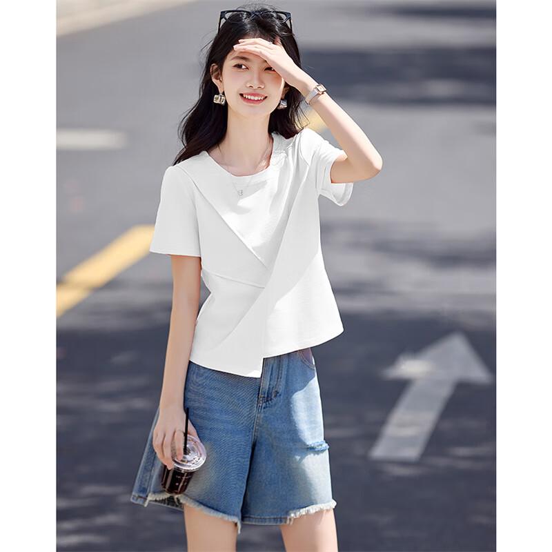 Women s Asymmetric Spliced Solid Color Short Sleeve T-Shirt L