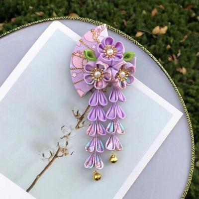 Haarnadel im Fächerstil mit Blumen, Glöckchen, Kunstperlendekor, Japanischer Kimono, Antik