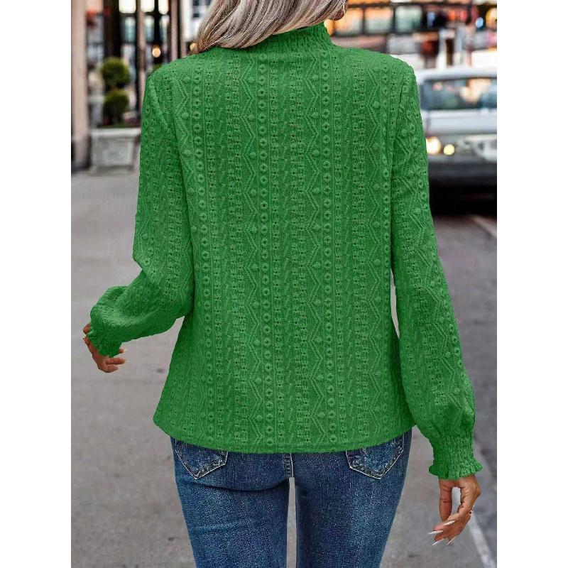 2026 New Women's Solid Color Fashion Versatile Hollow Out Stand Collar Puff Sleeve T-Shirt Casual Top