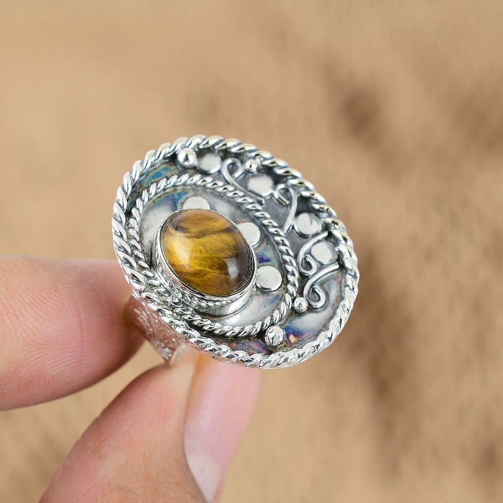 Mothers day Sale Sterling Silver Oval Tiger's Eye Stone Engagement Ring Jewelry