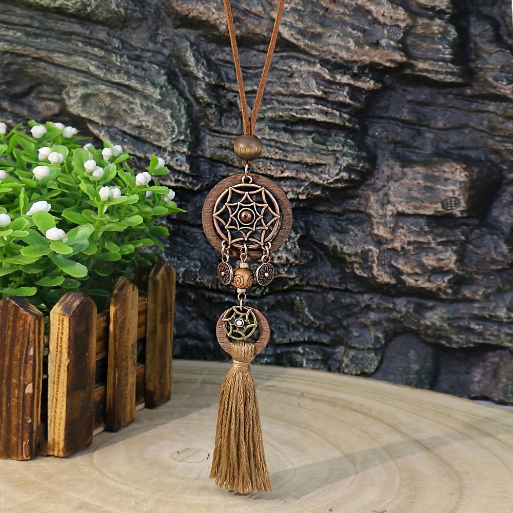 Bohemian Vacation Style Wooden Handmade Bead Pendant Necklace Long Sweater Chain Pu Leather Tassel Boho Jewelry Suitable for Women's Daily