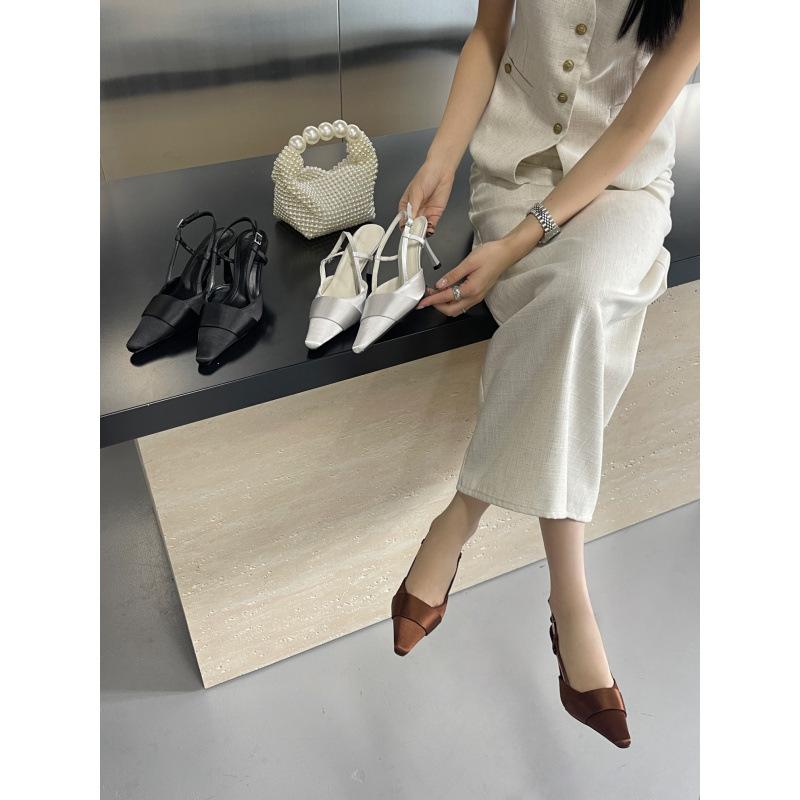 

Spring new single shoes pointed silver satin sandals women s bag head empty one-word buckle versatile high heels women 39 темно-коричневого