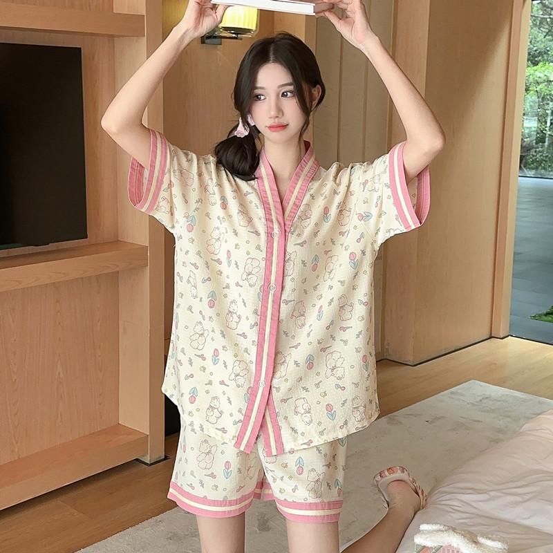 Summer Pajamas Women's Bubble Cotton Korean Version Cute Texture Comfortable Loungewear Short Sleeves Shorts Fat Mm Loose Suit