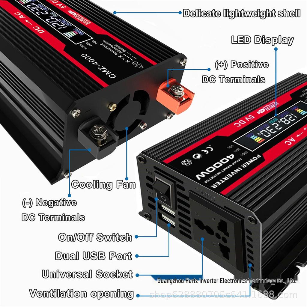 Smart LED Display Car Inverter 12V to 220V/110V with Dual USB