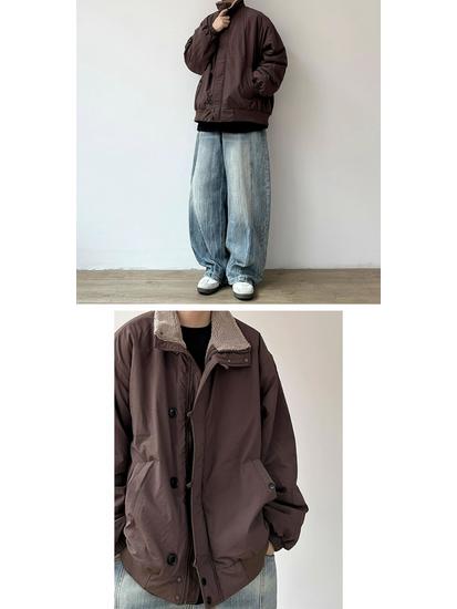 Herren Japanische Retro Lammwolle Warme Baumwolljacke - Winter Lockerer Schnitt, Samt Verdickt, Stehkragen Oberbekleidung