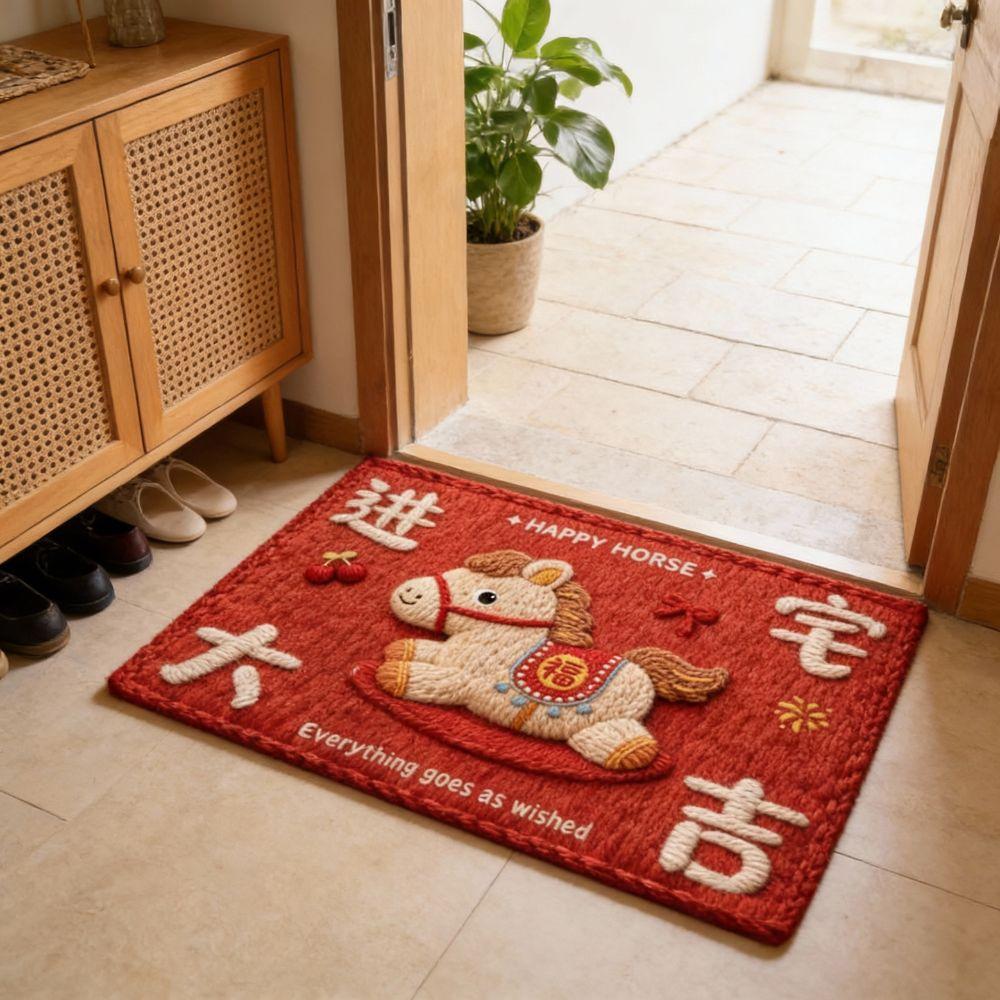 Cute Horse Pattern New Year Door Mat Red Bath Mat Water Absorption Soft Blanket Home Decorations