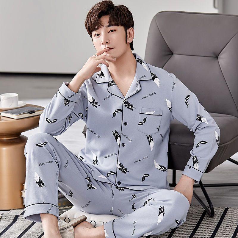 Men's 100% Cotton Long-Sleeve Pajama Set, Plus Size, Cardigan Style for Spring, Autumn, and Summer.