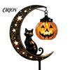 LED Halloween Courtyard Decoration Black Cat Moon Stake Light, Solar Metal Pumpkin Lantern with Powered Outdoor Decor Warm Glow, Spooky Yard