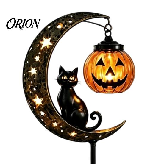 LED Halloween Courtyard Decoration Black Cat Moon Stake Light, Solar Metal Pumpkin Lantern with Powered Outdoor Decor Warm Glow, Spooky Yard
