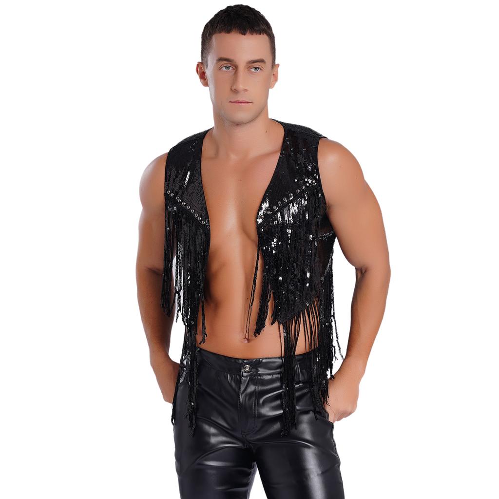 Men Sparkly Sequin Cowboy Vest Open Front Tassel Rivets Shiny Western Waistcoat for 70s Disco Club Parties