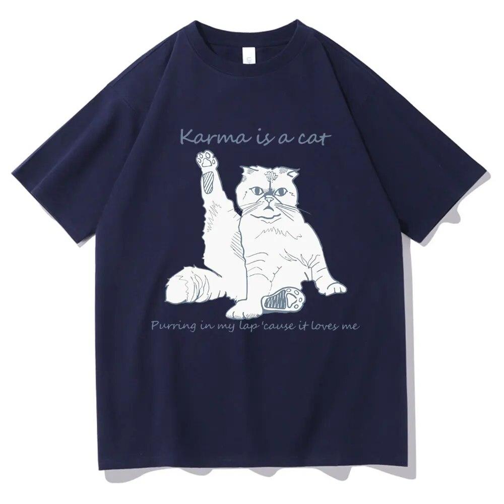 Karma Is A Cat T-skjorte med grafisk trykk Unisex kvinner Uformell Søte T-skjorter i bomull Overdimensjonerte par Kortermet Streetwear-gaver