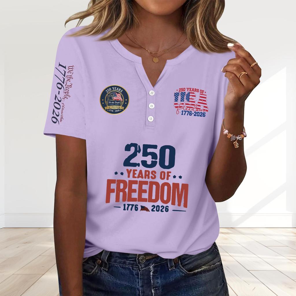 Women's Fashion Casual 250th Anniversary Independence Day Print V-Neck Short Sleeve Decorated Button-Up T-Shirt