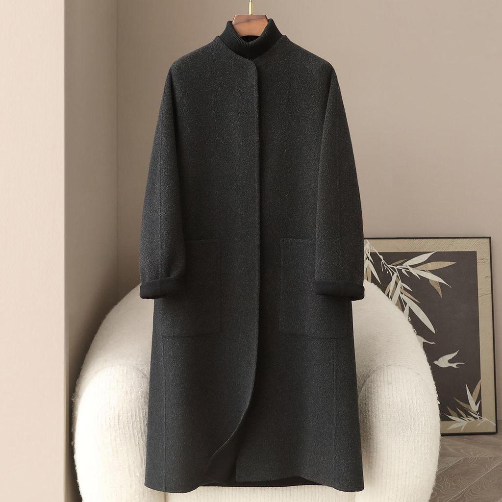 Women's Long Double-Faced Wool Coat: Round Neck, Slim Fit, 30% Cashmere, High-End Spring/Autumn Style