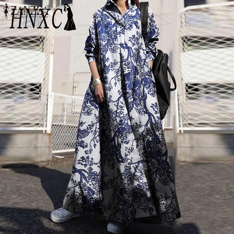 

Женское платье макси свободного кроя с длинными рукавами и цветочным принтом XXL синий