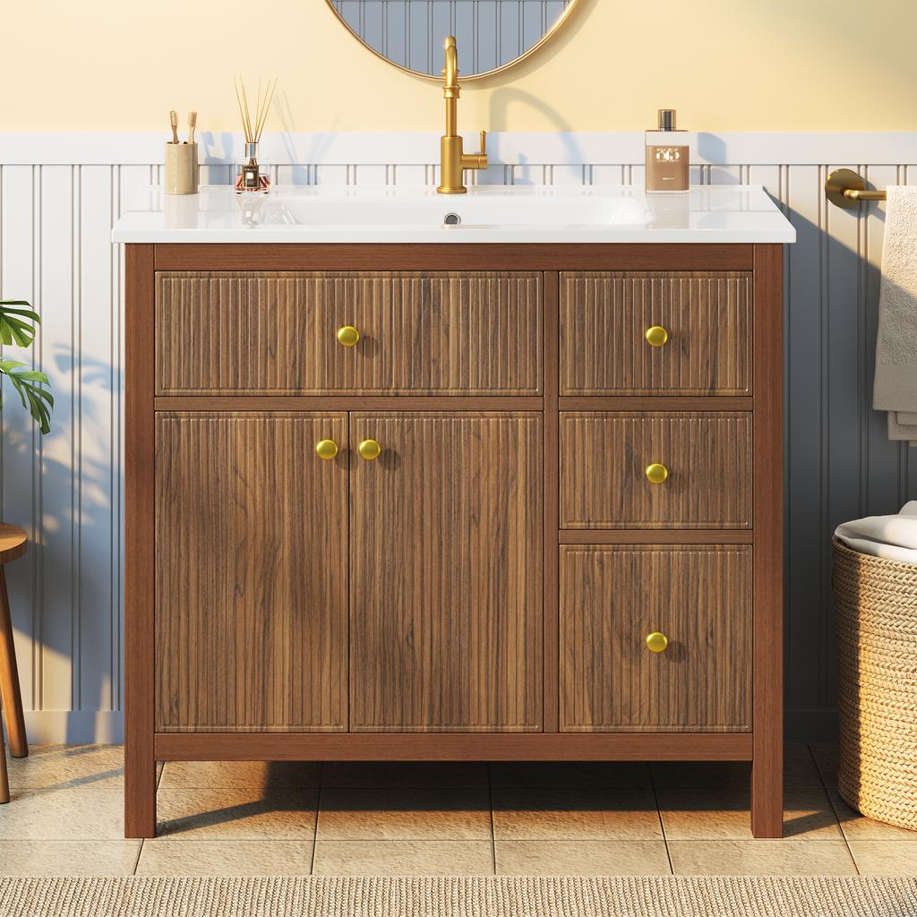 Szafka łazienkowa 91 cm z ceramiczną umywalką, Tekstura wzoru fali, Zawiasy z miękkim domykaniem, Podwójne drzwi i półki, Szuflady, bez baterii, Orzech