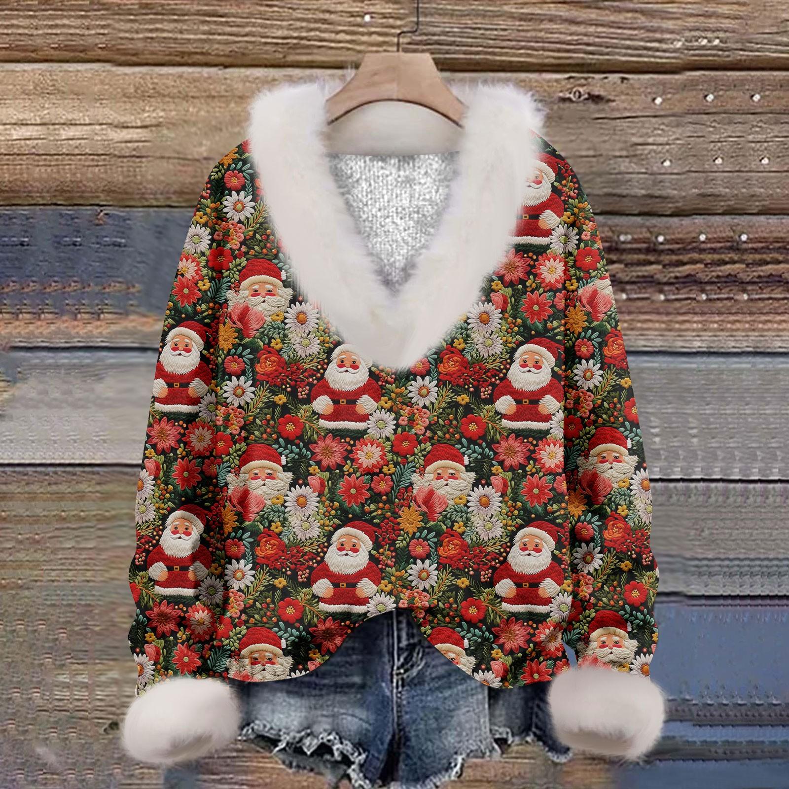 

Женская мода повседневный рождественский принт с длинным рукавом и V-образным вырезом пуловер для волос M красный