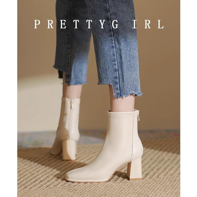 Leather French high-heeled short boots women's 2024 autumn and winter thick-heeled Martin boots square head white height-increasing thin boots childre