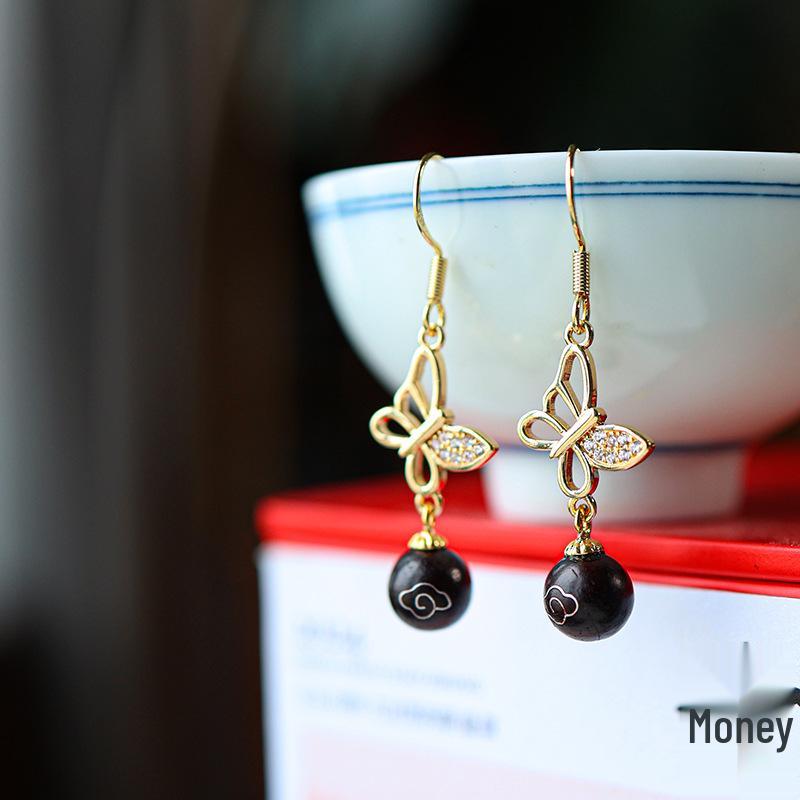 Natural Small-Leaf Red Sandalwood Dangle Earrings with 14k Gold-Plated Hooks - High-Density, Luxurious Retro Feel