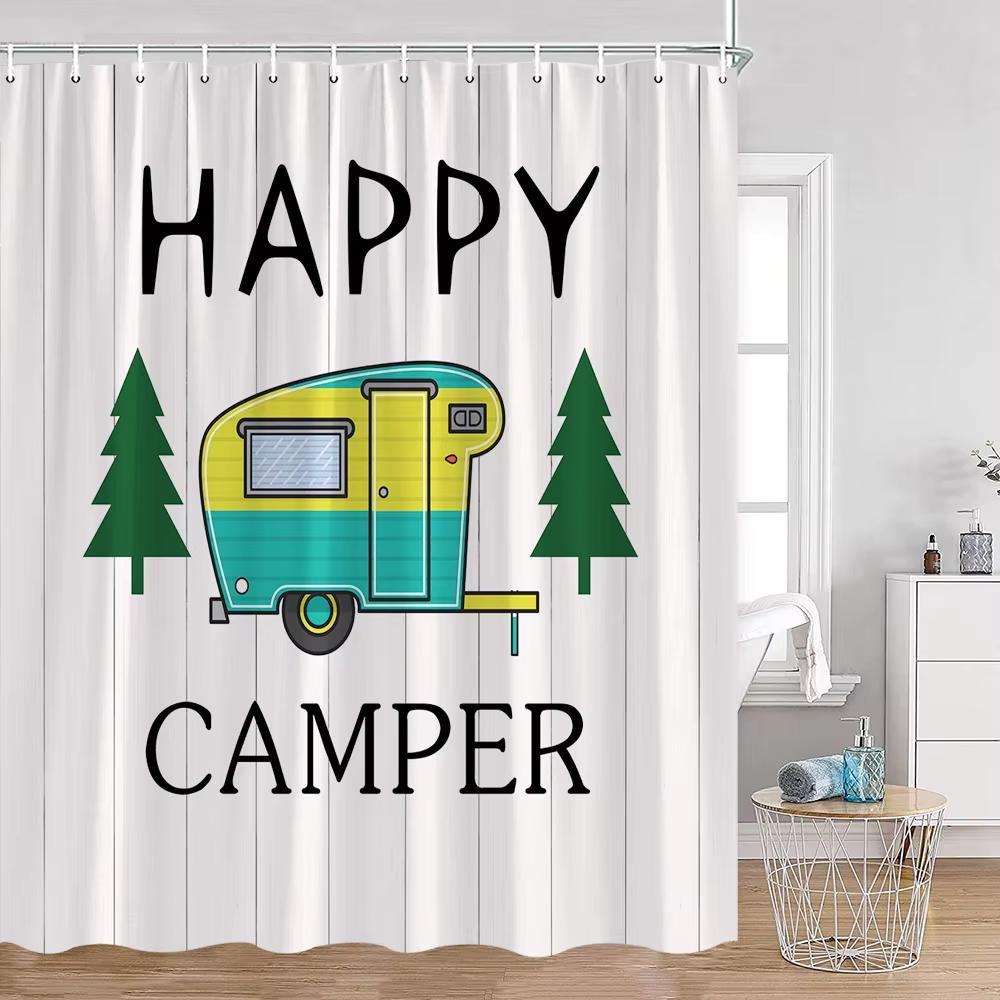 Zasłona prysznicowa do kampera Happy Camper Przyczepa Samochód Kamper Rv Las Góry Namiot Camping Łazienka Zasłona prysznicowa Wodoodporna Zasłona do wanny