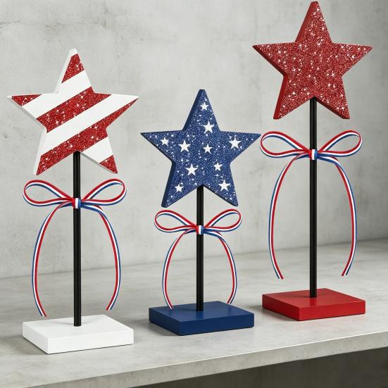 3 Pcs 4th of July Wooden Star Signs, Red White Blue Glitter Patriotic Star Table Centerpiece for Independence Day, Tiered Tray, Tabletop Decor
