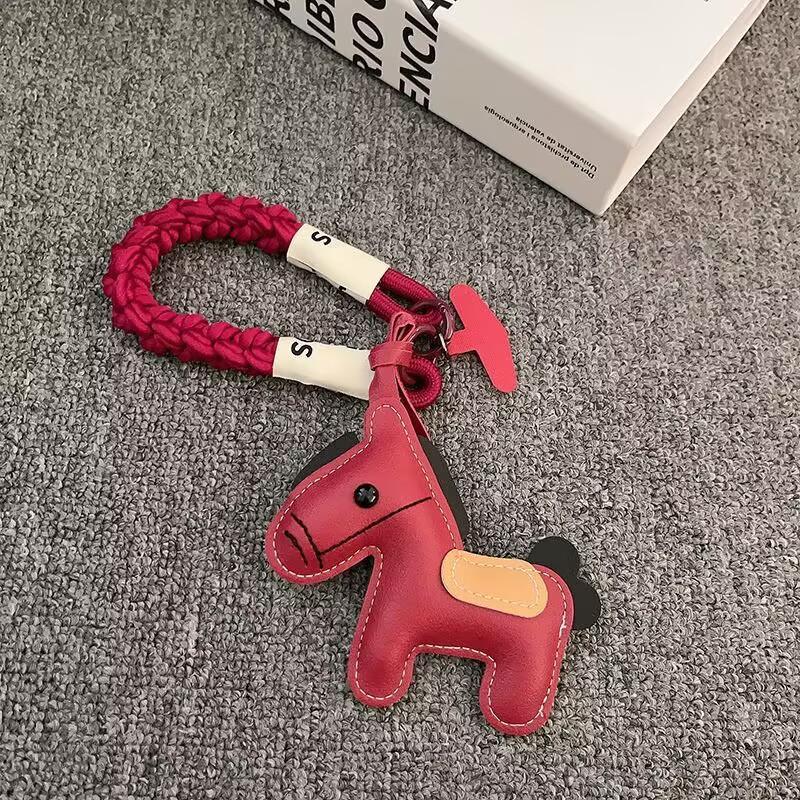 Leather Pony Keychain Braided Rope Bag Charm Backpack Pendant Key Ring Handmade Jewelry Accessories