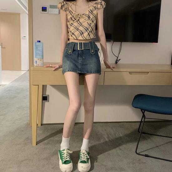 Women High Waist Slim Fit Denim Skort with Belt Solid Color Pockets Ultra-mini Skirt Fashion Accessories