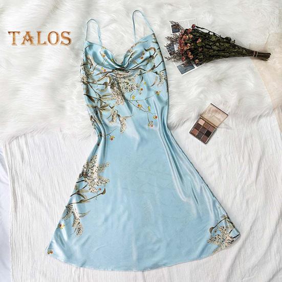 Letní Dámská noční košile s výstřihem do V Hedvábně saténový potisk bez rukávů Špagetový pásek Bez zad Měkké prodyšné dámské Mini šaty na spaní Noční košile Na spaní