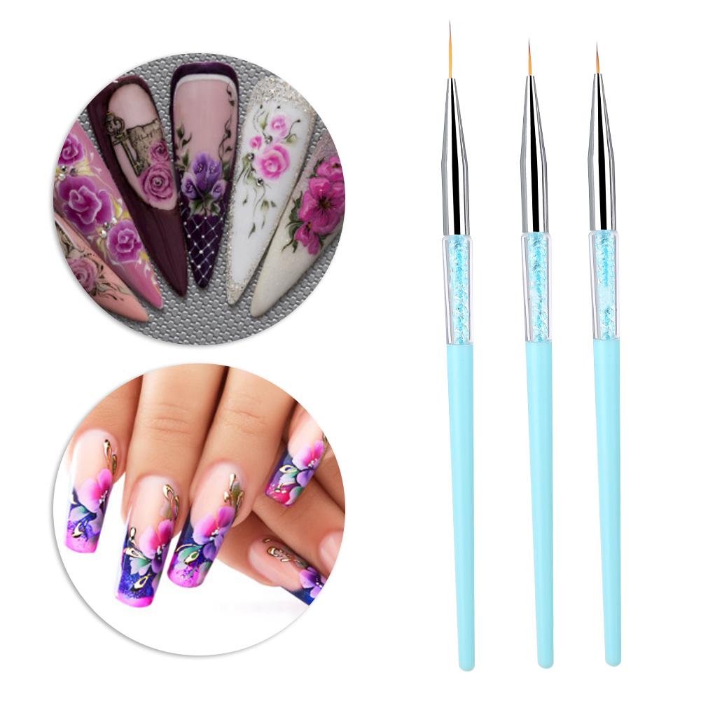 3pcs Nail Art Dotting Liner Brush UV Gel Painting Pen Drawing Tool Set Rhinestone Handle (Blue)