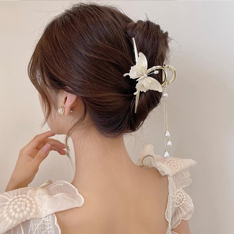 

Mori Fairy Butterfly Pearl Tassel Hair Clip - Elegant Shark Style Hairpin for Women