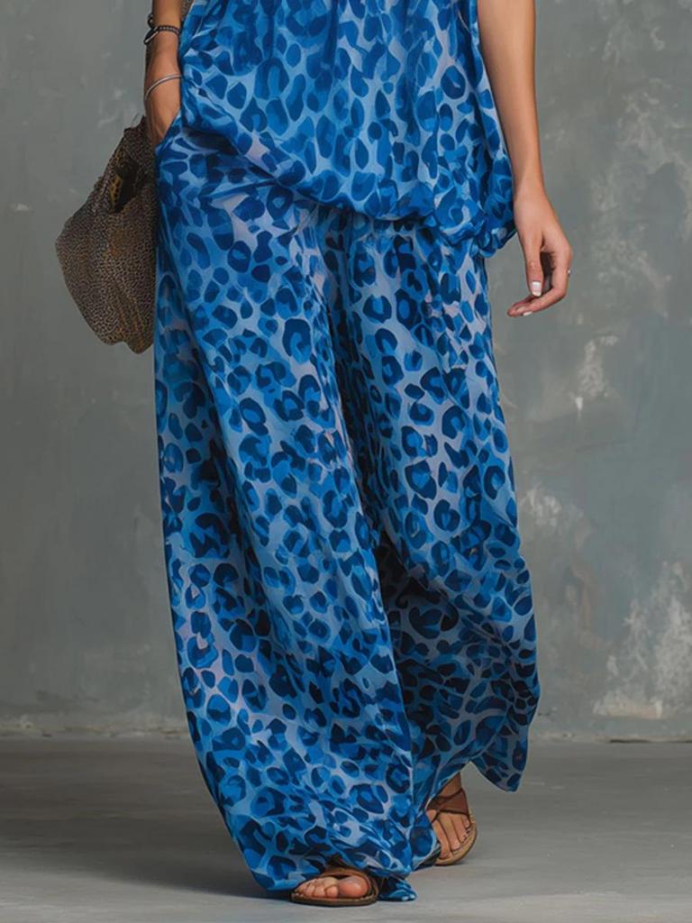 European Leopard Print Sleeveless Top & Chiffon Wide-Leg Pants Set for Women