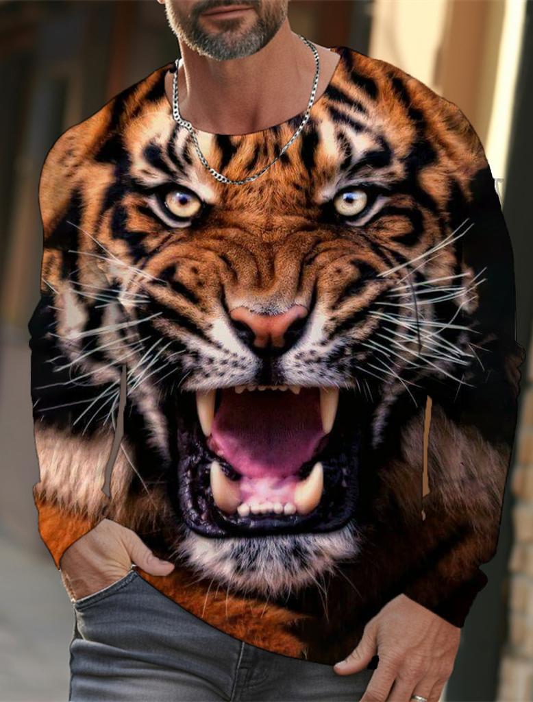 Męski T-shirt z długim rękawem z grafiką tygrysa dla mężczyzn Odzież Casualowy Top Koszulka Moda Zwierzę 3D Pełny Nadruk Streetwear