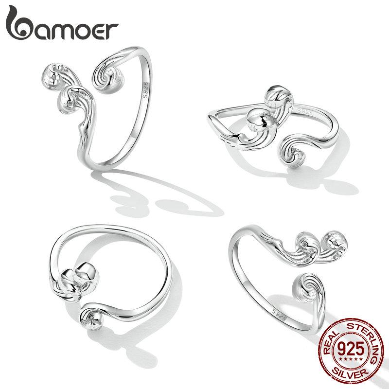 BAMOER 925 Sterling Silver Vows of Eternal Love Couple Waves Rings for Women Fine Jewelry Wedding Gift