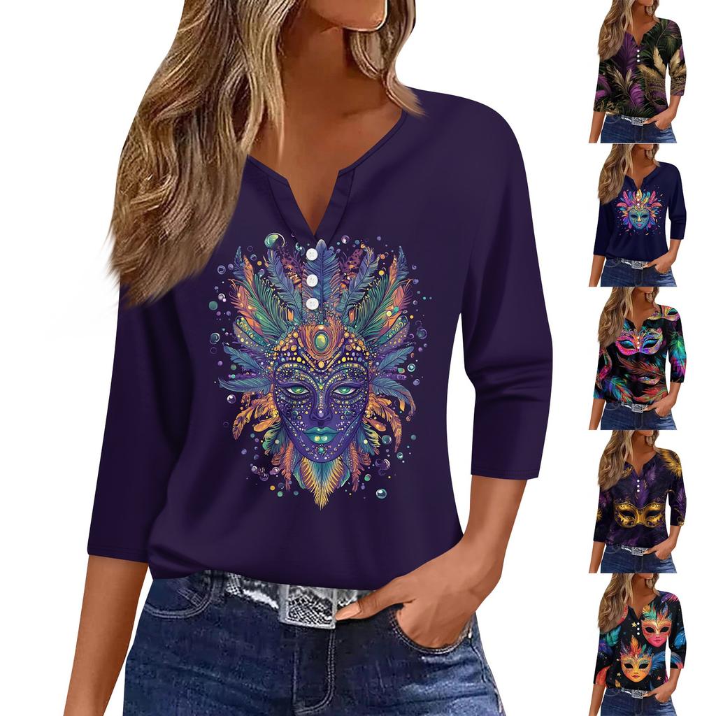 T-skjorte for kvinner T-skjorte med knapp 3/4-ermet Daglig helgmote Basic V-hals vanlig topp