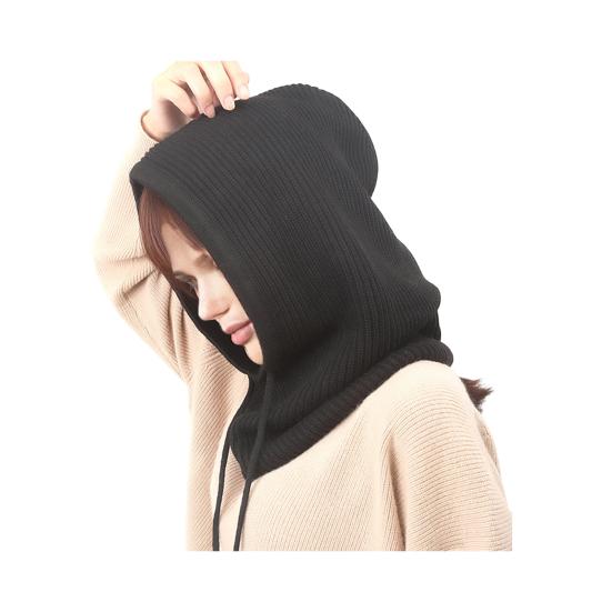 Strickmütze Schal Kombi Einfarbig Verstellbarer Kordelzug Kapuzenschal Damen Winter Warm Winddicht Elastisch Thermomütze