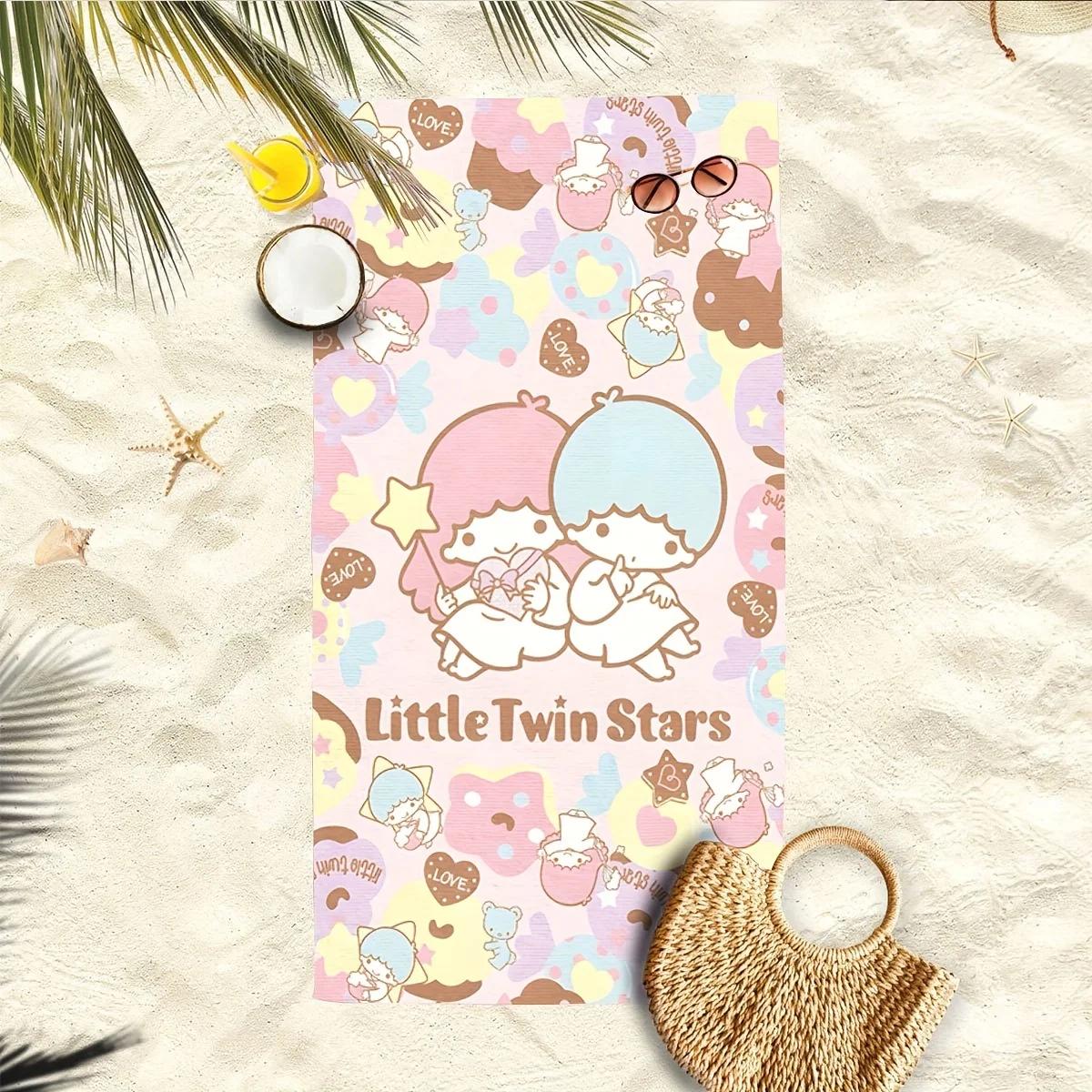 

1 Little Twin Stars Beach Towel 2D Single Print Pastel Travel Accessory Absorbent Soft Adorable Cartoon-Themed Durable Beach Use W30*H60(CM)