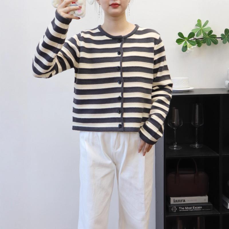 Short Contrasting Striped Knitted Cardigan Autumn and Winter New Soft Waxy Design Loose Sweater Jacket Women