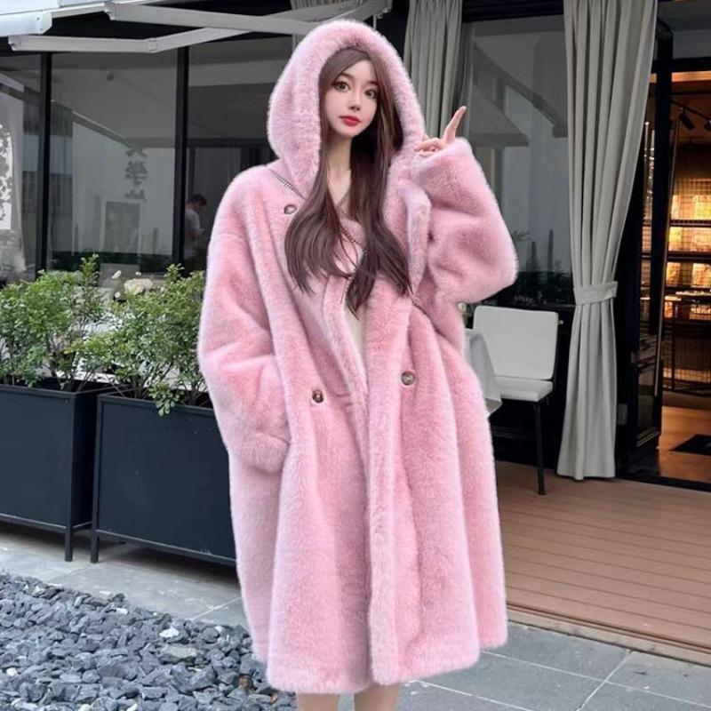 Winter new hooded loose long fur coat environmentally friendly fur integrated imitation mink fleece fur coat