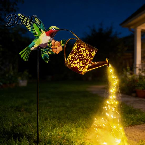Backyard Decorative Lighting Solar Watering Can Garden Light Metal Hollow-Out Hummingbird Shepherd Hook Lights Outdoor Spike Lamp for Lawn Pathway