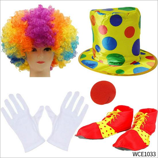 Colorful Clown Polka Dot Costume Set with Nose, Hat, Wig, Bow Tie, and Magic Props.