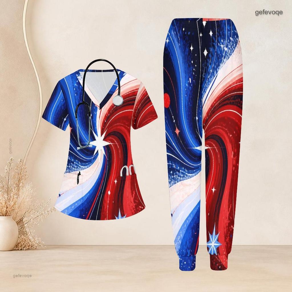 Damen Übergröße V-Ausschnitt Kurzarm Kasack-Set Marineblau Mit Roten Punkten Dekor Print Krankenschwester Uniform Set