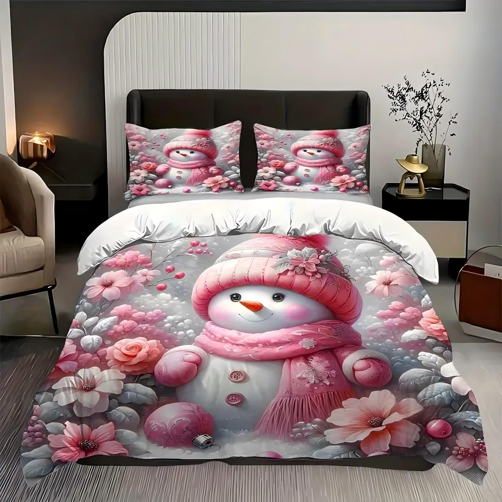 

Рождественский Снеговик Узор 3D Принт Комплект Постельного Белья Милый Розовый Стиль Набор Пододеяльников Мягкий Удобный Домашний Роскошный Набор Покрывал 135x200cm 2pcs