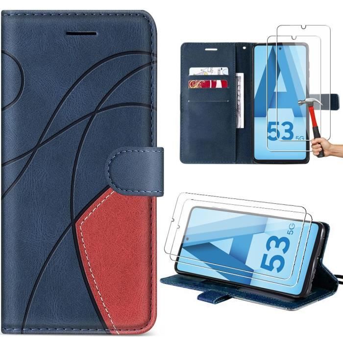 Coque de protection - samsung - galaxy a53 5g - bicolore effet cuir - fentes pour cartes - support intégré